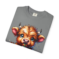 Coffee Addict Highland Cow Drinking Iced Coffee - Comfort Colors | Trendy Women's T-Shirt. Direct to Garment. Printed & Shipped in the USA. Unisex Sizes.