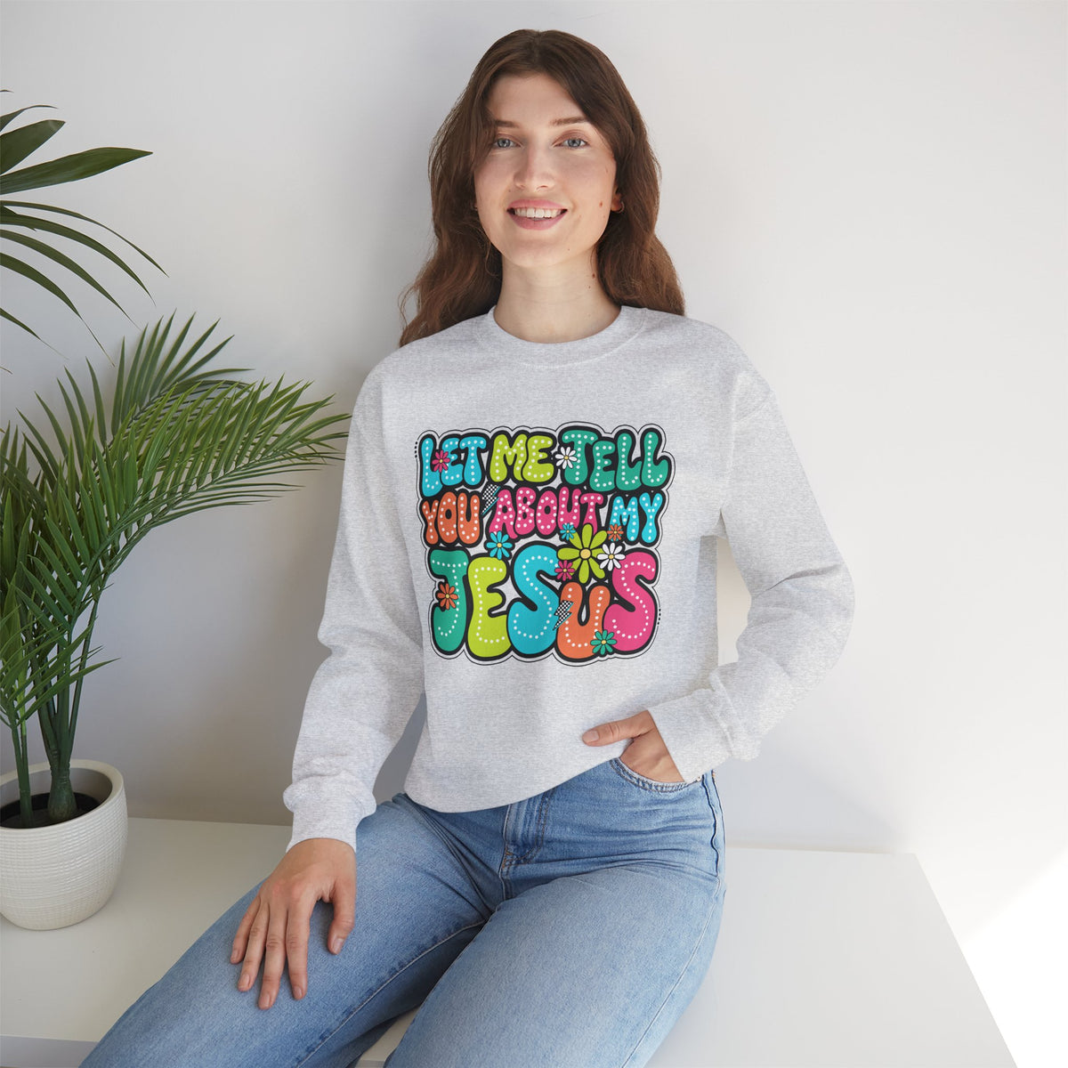 Let Me Tell You About My Jesus - Christian Colorful – Gildan Heavy Blend | Trendy Women’s Soft Sweatshirt. Direct to Garment. Printed & Shipped in the USA. Unisex Sizes.