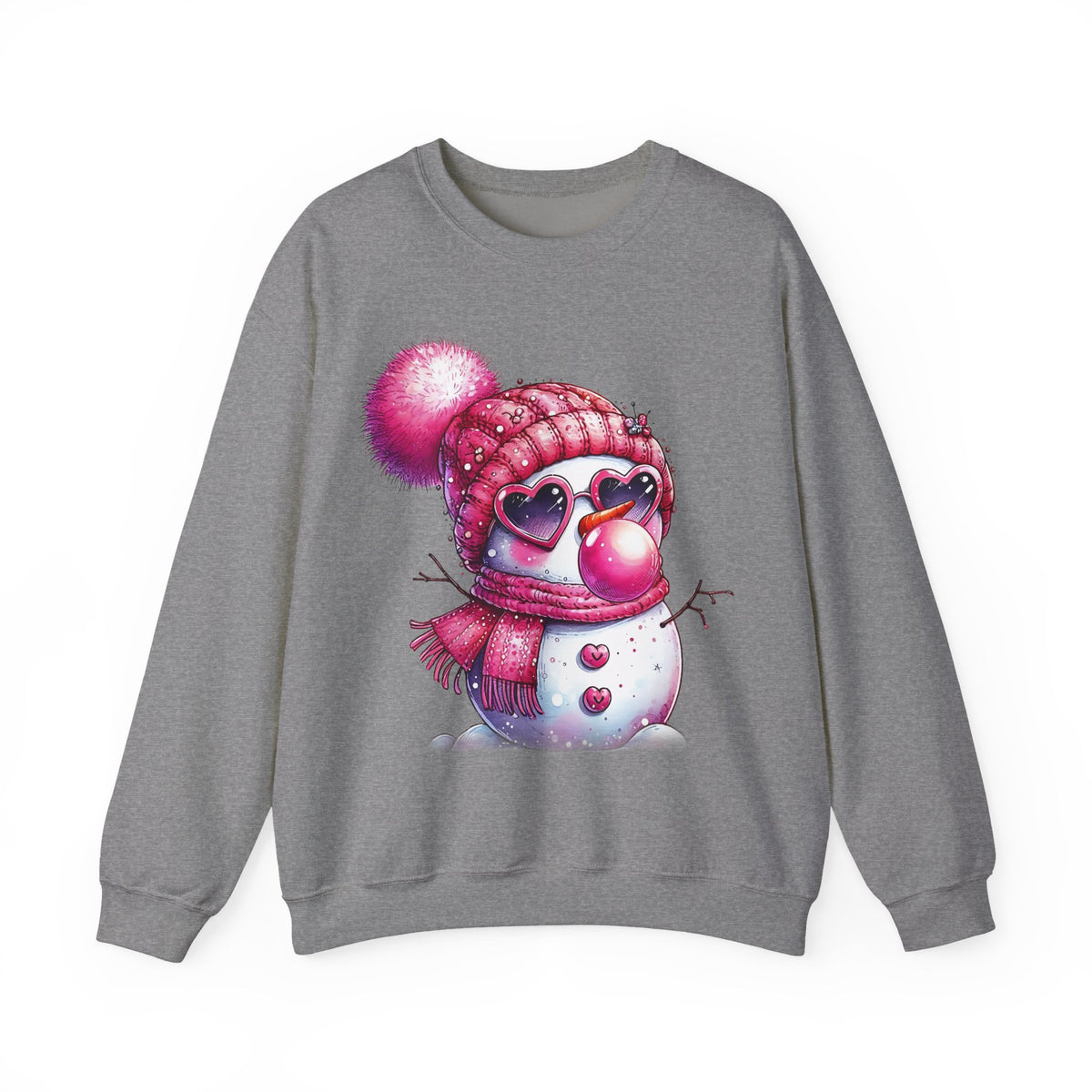 Pink Girly Snowman with Heart Sunglasses and Bubblegum - Winter – Gildan Heavy Blend | Trendy Women’s Soft Sweatshirt. Direct to Garment. Printed & Shipped in the USA. Unisex Sizes.
