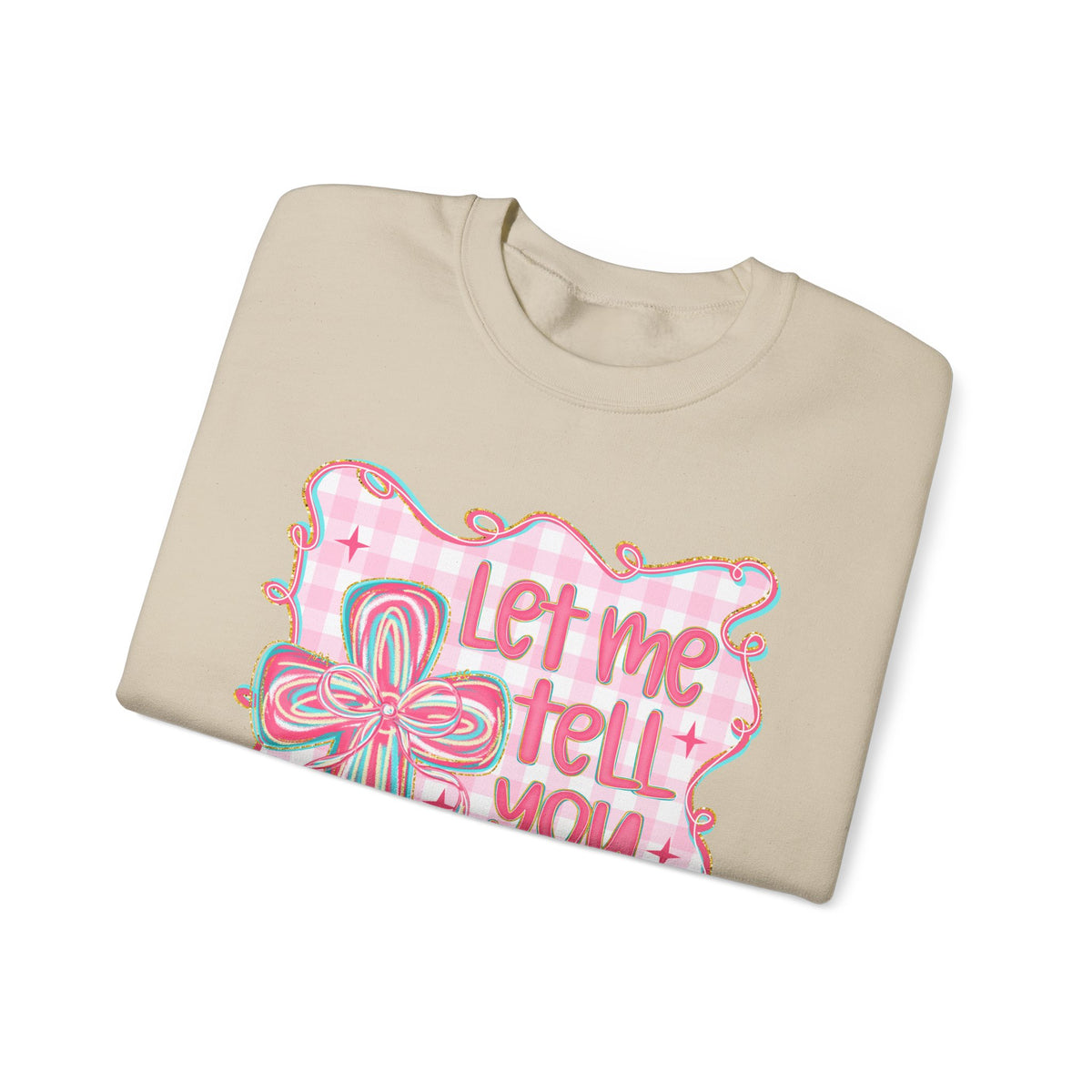 Let Me Tell You About My Jesus, Pink and Green – Gildan Heavy Blend | Trendy Women’s Soft Sweatshirt. Direct to Garment. Printed & Shipped in the USA. Unisex Sizes.