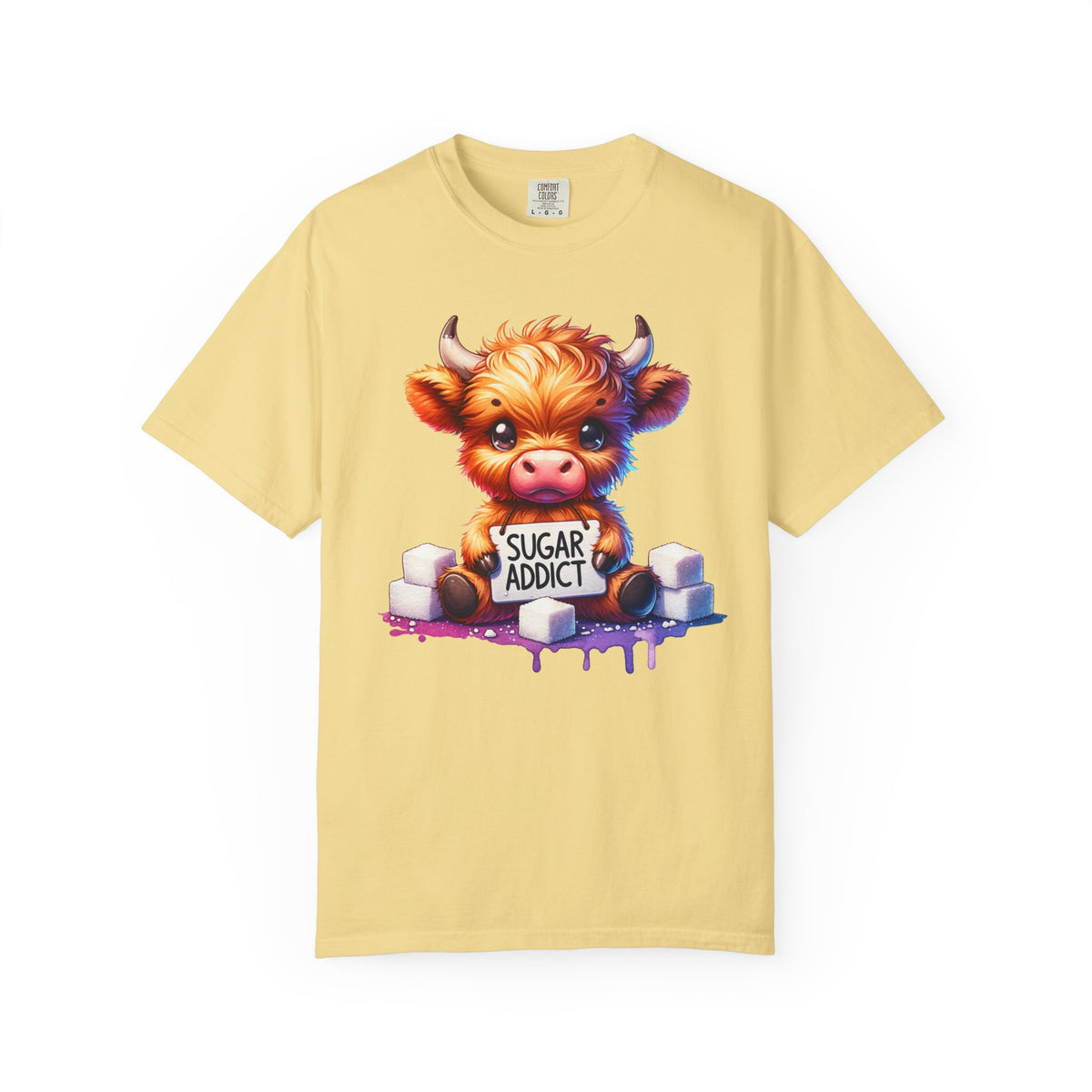 Sugar Addict Highland Cow - Comfort Colors | Trendy Women's T-Shirt. Direct to Garment. Printed & Shipped in the USA. Unisex Sizes.