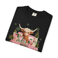 Highland Cow in Pink Truck Merry Christmas Holiday Farmhouse - Comfort Colors | Trendy Women's T-Shirt. Direct to Garment. Printed & Shipped in the USA. Unisex Sizes.