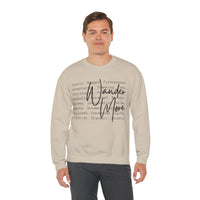 Wander More, Scenic Adventure Typography – Gildan Heavy Blend | Trendy Men's and Women’s Soft Sweatshirt. Direct to Garment. Printed & Shipped in the USA. Unisex Sizes.