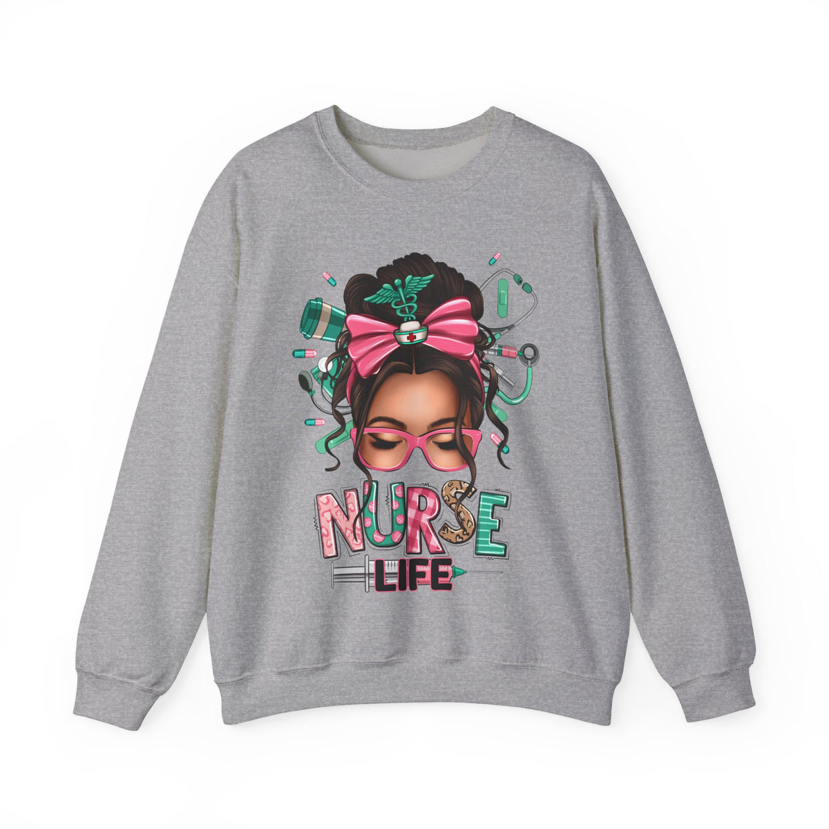 Nurse Life Messy Bun, Cute Stethoscope & Syringe – Gildan Heavy Blend | Trendy Women’s Soft Sweatshirt. Direct to Garment. Printed & Shipped in the USA. Unisex Sizes.