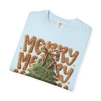 Merry Merry Merry Christmas, Faux Latch Hook Yarn - Comfort Colors | Trendy Women's T-Shirt. Direct to Garment. Printed & Shipped in the USA. Unisex Sizes.