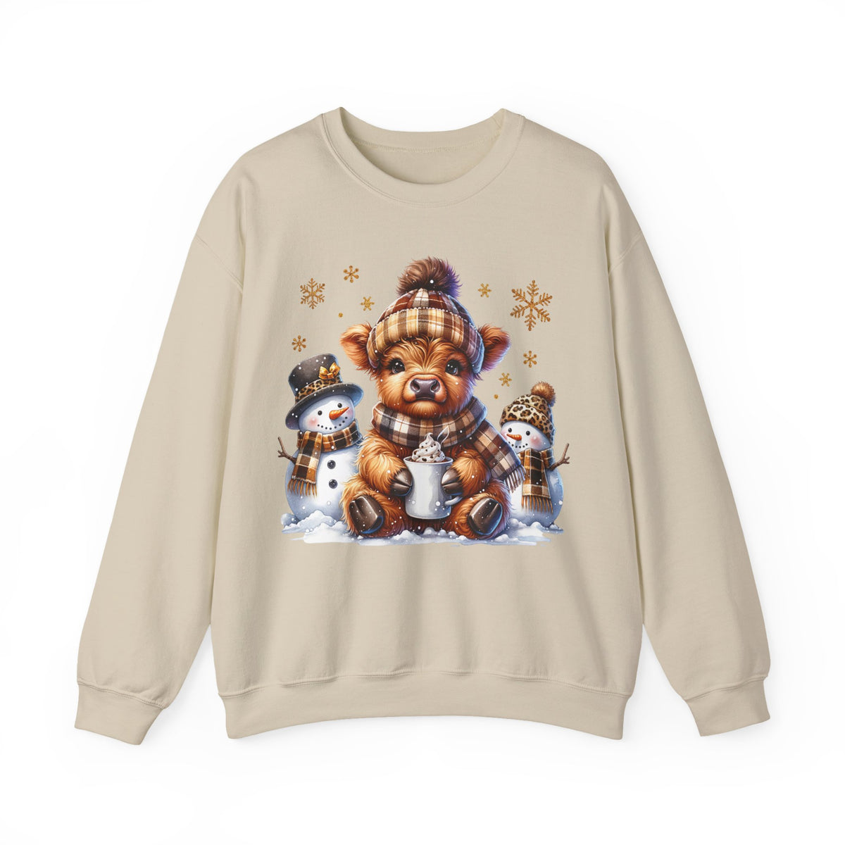 Cute Highland Cow with Snowmen, Winter – Gildan Heavy Blend | Trendy Women’s Soft Sweatshirt. Direct to Garment. Printed & Shipped in the USA. Unisex Sizes.