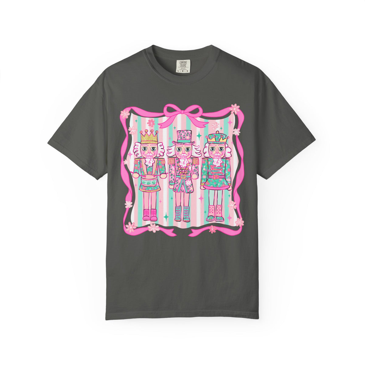 Coquette Pastel Christmas Nutcracker Trio Pink and Green - Comfort Colors | Trendy Women's T-Shirt. Direct to Garment. Printed & Shipped in the USA. Unisex Sizes.