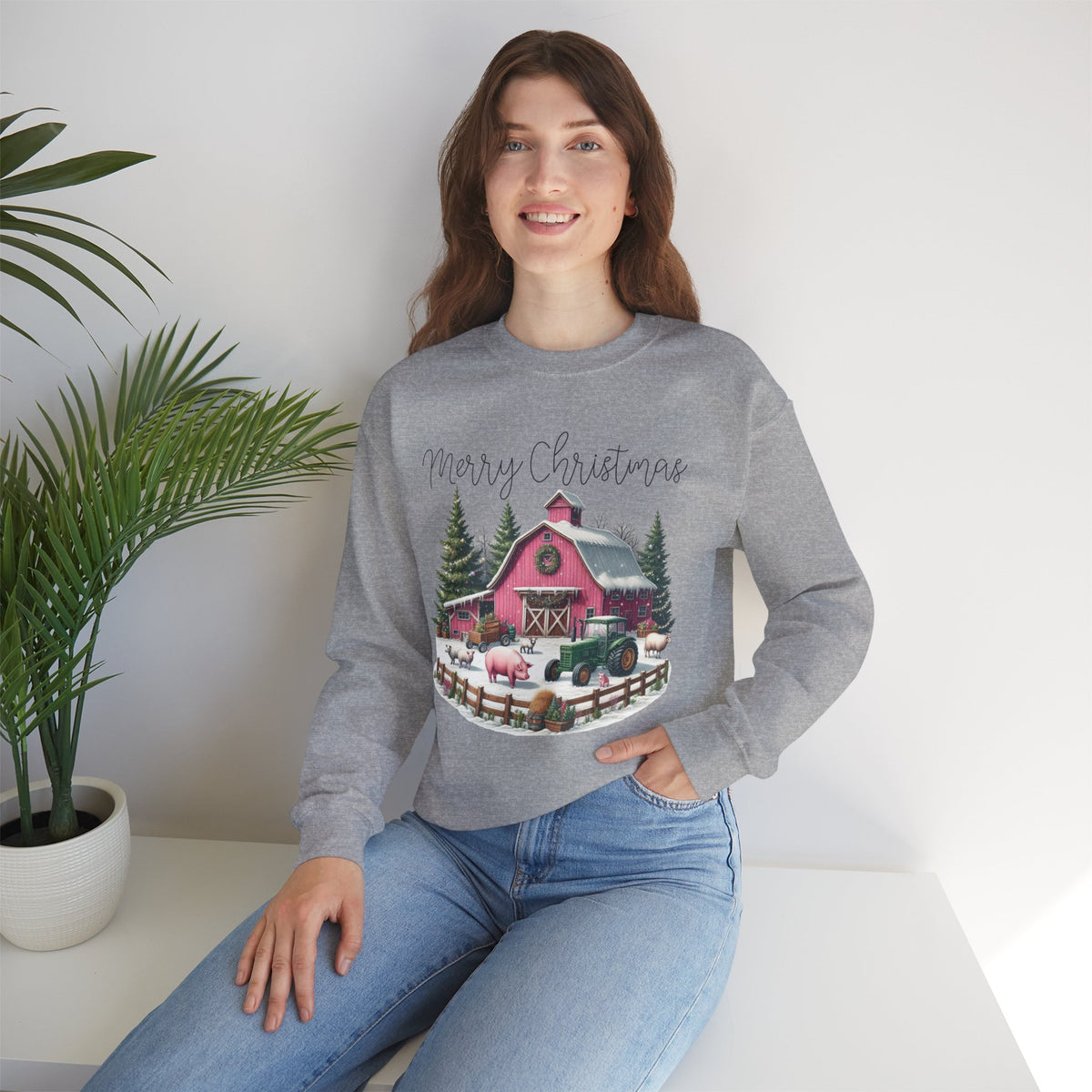 Merry Christmas Pink Barn Farm Animals – Gildan Heavy Blend | Trendy Women’s Soft Sweatshirt. Direct to Garment. Printed & Shipped in the USA. Unisex Sizes.