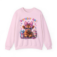 Birthday Girl, Highland Cow – Gildan Heavy Blend | Trendy Women’s Soft Sweatshirt. Direct to Garment. Printed & Shipped in the USA. Unisex Sizes.