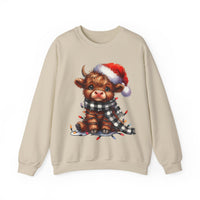 Cute Highland Cow Santa Hat Scarf Christmas Lights – Gildan Heavy Blend | Trendy Women’s Soft Sweatshirt. Direct to Garment. Printed & Shipped in the USA. Unisex Sizes.