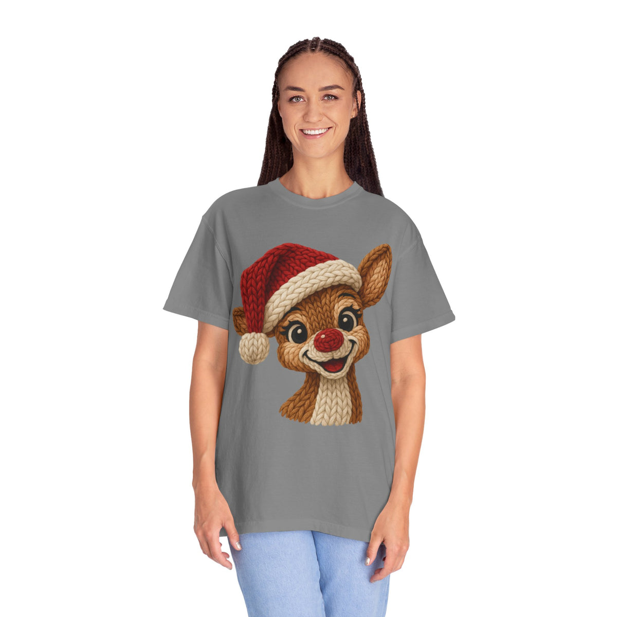 Cute Rudolph Faux Knit Look Reindeer w/Santa Hat - Comfort Colors | Trendy Women's T-Shirt. Direct to Garment. Printed & Shipped in the USA. Unisex Sizes.