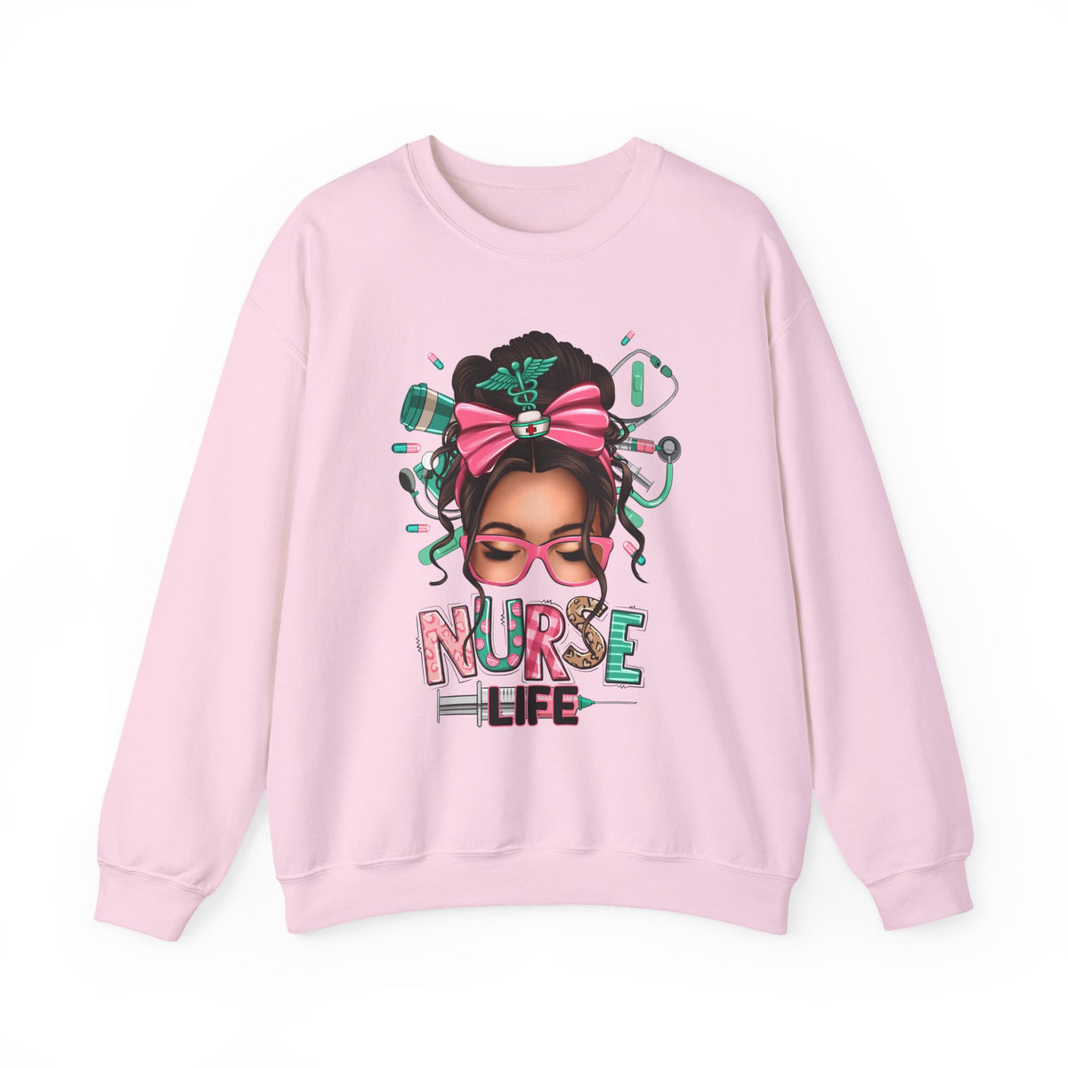 Nurse Life Messy Bun, Cute Stethescope & Syringe – Gildan Heavy Blend | Trendy Women’s Soft Sweatshirt. Direct to Garment. Printed & Shipped in the USA. Unisex Sizes.