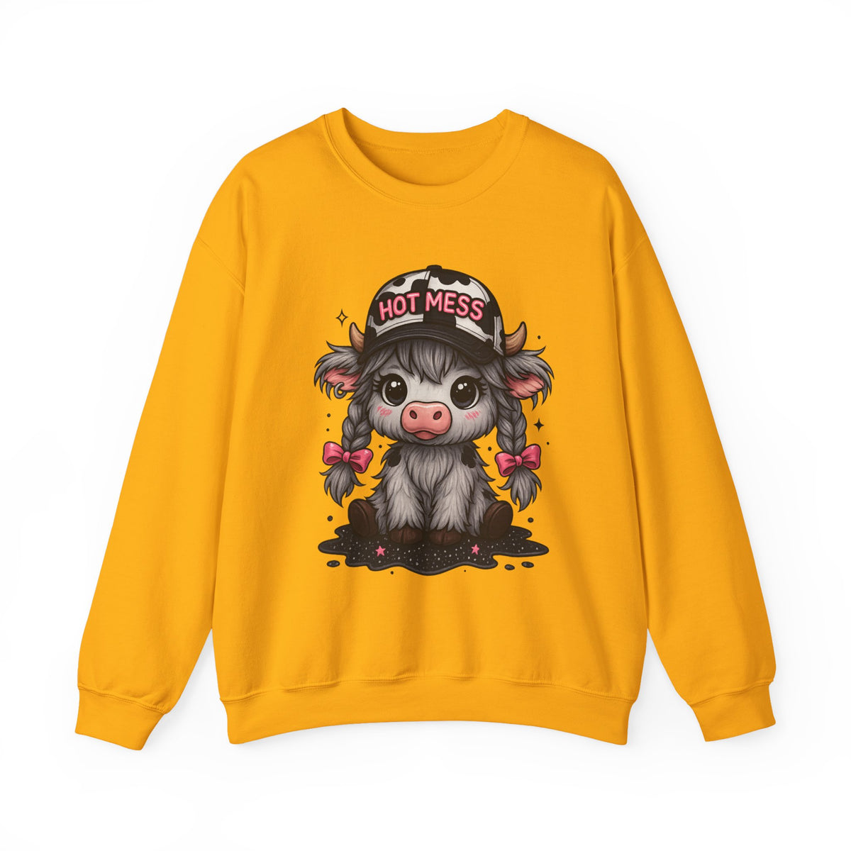 Cute Highland Cow 'Hot Mess' In Braids – Gildan Heavy Blend | Trendy Women’s Soft Sweatshirt. Direct to Garment. Printed & Shipped in the USA. Unisex Sizes.