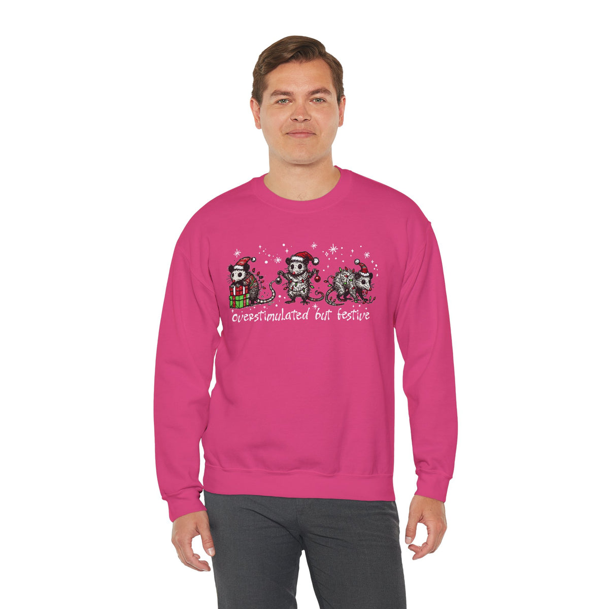 Overstimulated But Festive Christmas Possums – Gildan Heavy Blend | Trendy Women’s and Men's Soft Sweatshirt. Direct to Garment. Printed & Shipped in the USA. Unisex Sizes.