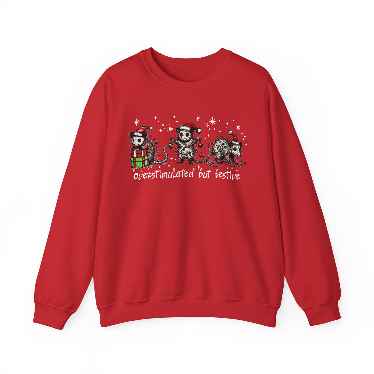 Overstimulated But Festive Christmas Possums – Gildan Heavy Blend | Trendy Women’s and Men's Soft Sweatshirt. Direct to Garment. Printed & Shipped in the USA. Unisex Sizes.