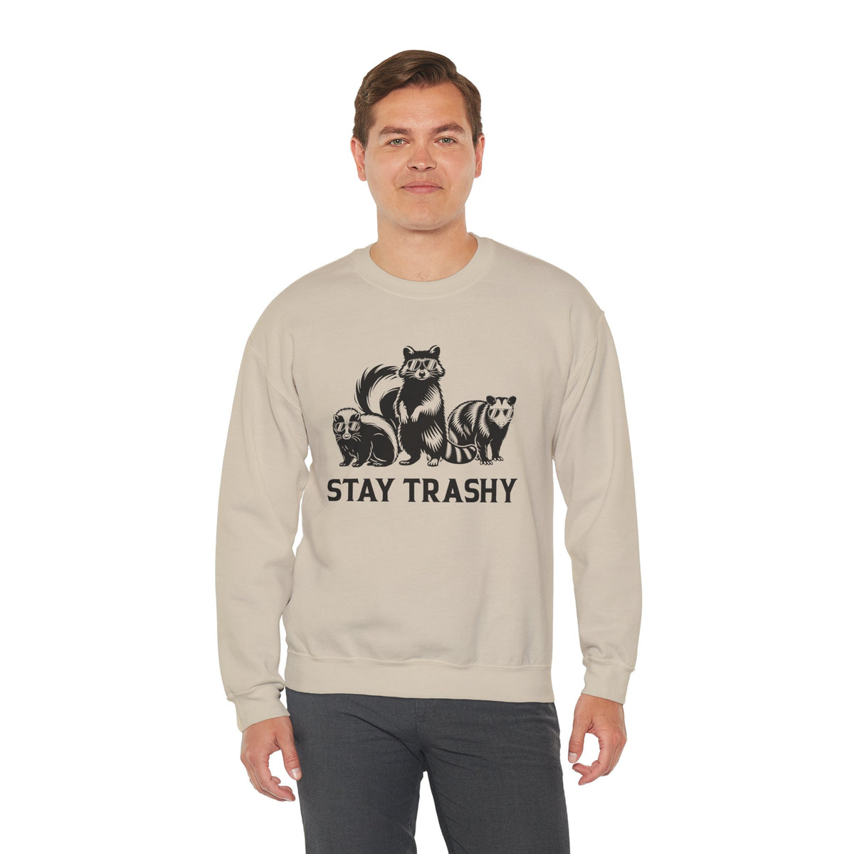 Stay Trashy, Skunk Raccoon Possum – Gildan Heavy Blend | Trendy Women’s and Men's Soft Sweatshirt. Direct to Garment. Printed & Shipped in the USA. Unisex Sizes.