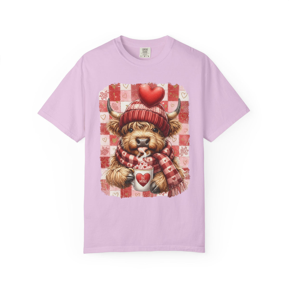 Highland Cow Be Mine, Red Checkered - Comfort Colors | Trendy Women's T-Shirt. Direct to Garment. Printed & Shipped in the USA. Unisex Sizes.