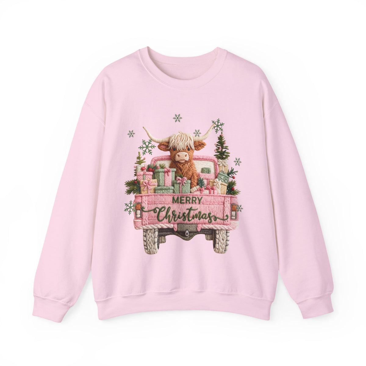 Highland Cow in Pink Truck Merry Christmas Holiday Farmhouse – Gildan Heavy Blend | Trendy Women’s Soft Sweatshirt. Direct to Garment. Printed & Shipped in the USA. Unisex Sizes.