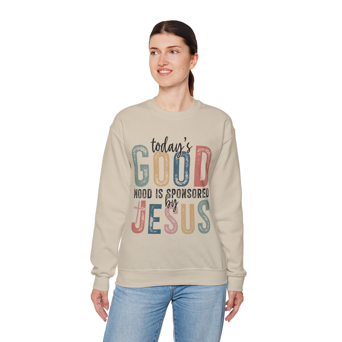 Today's Good Mood Sponsored By Jesus, Christian, Faith – Gildan Heavy Blend | Trendy Women’s Soft Sweatshirt. Direct to Garment. Printed & Shipped in the USA. Unisex Sizes.