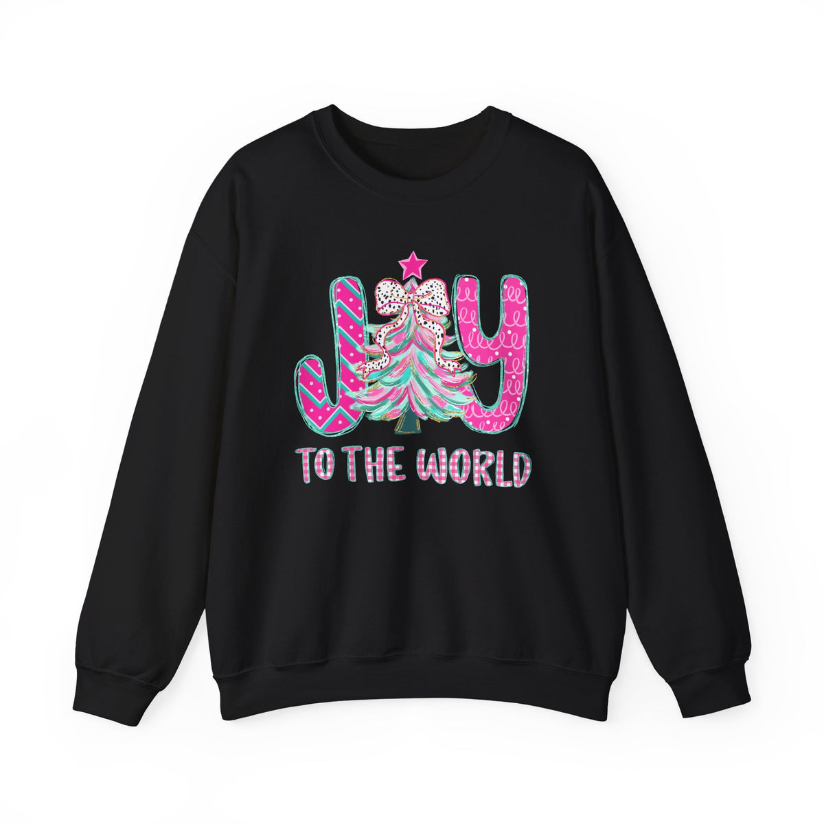 Joy to the World w/Christmas Tree Pink and Teal – Gildan Heavy Blend | Trendy Women’s Soft Sweatshirt. Direct to Garment. Printed & Shipped in the USA. Unisex Sizes.