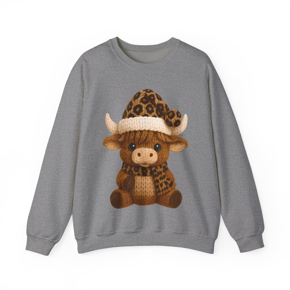 Cute Highland Cow with Leopard Santa Hat Christmas – Gildan Heavy Blend | Trendy Women’s Soft Sweatshirt. Direct to Garment. Printed & Shipped in the USA. Unisex Sizes.