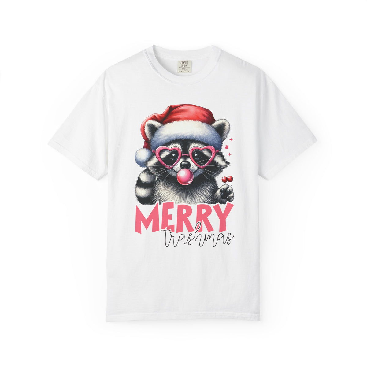 Merry Trashmas Bubblegum Raccoon w/Santa Hat Christmas - Comfort Colors | Trendy Women's T-Shirt. Direct to Garment. Printed & Shipped in the USA. Unisex Sizes.