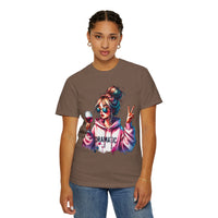 Dramatic Girl With Wine Messy Bun Peace Sign  - Comfort Colors | Trendy Women's T-Shirt. Direct to Garment. Printed & Shipped in the USA. Unisex Sizes.