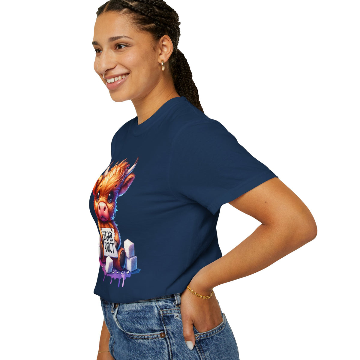 Sugar Addict Highland Cow - Comfort Colors | Trendy Women's T-Shirt. Direct to Garment. Printed & Shipped in the USA. Unisex Sizes.
