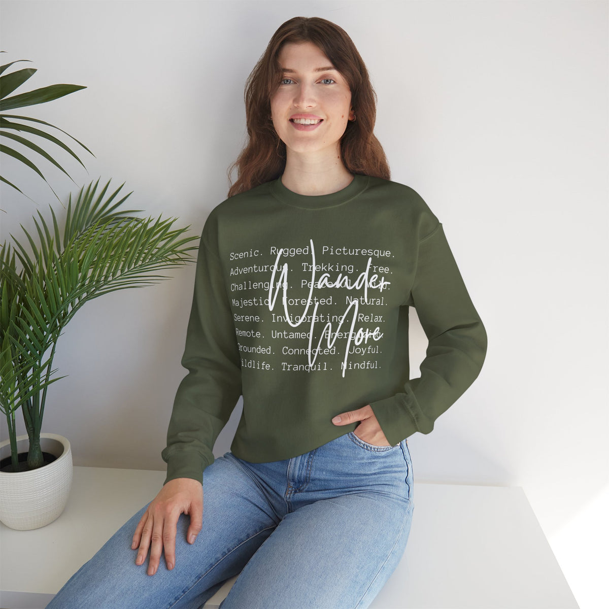 Wander More, Scenic Adventure Typography – Gildan Heavy Blend | Trendy Men's and Women’s Soft Sweatshirt. Direct to Garment. Printed & Shipped in the USA. Unisex Sizes.
