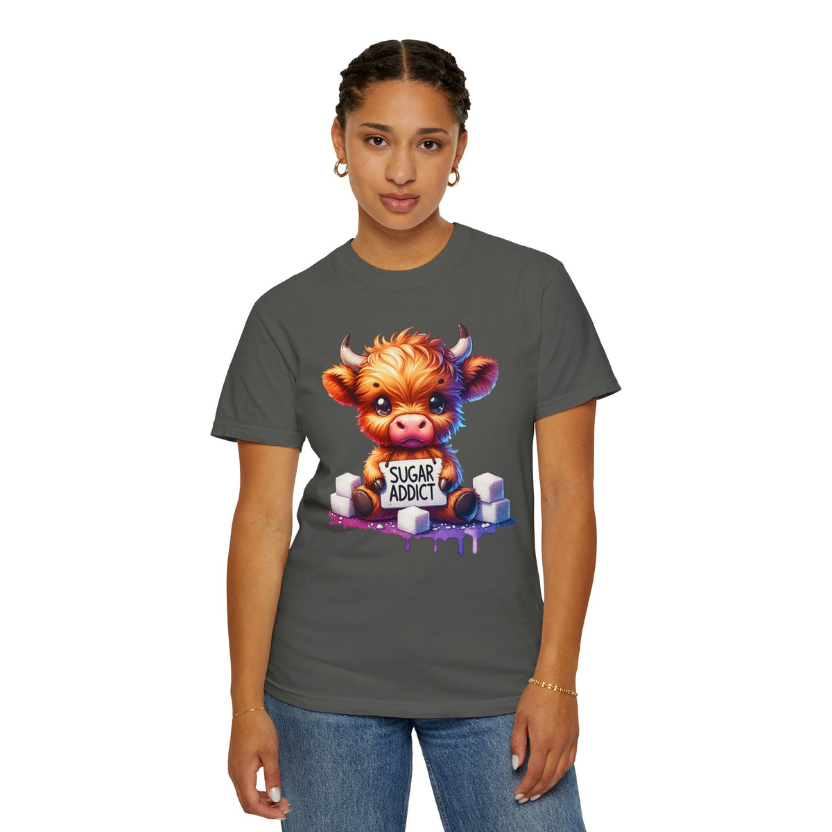 Sugar Addict Highland Cow - Comfort Colors | Trendy Women's T-Shirt. Direct to Garment. Printed & Shipped in the USA. Unisex Sizes.
