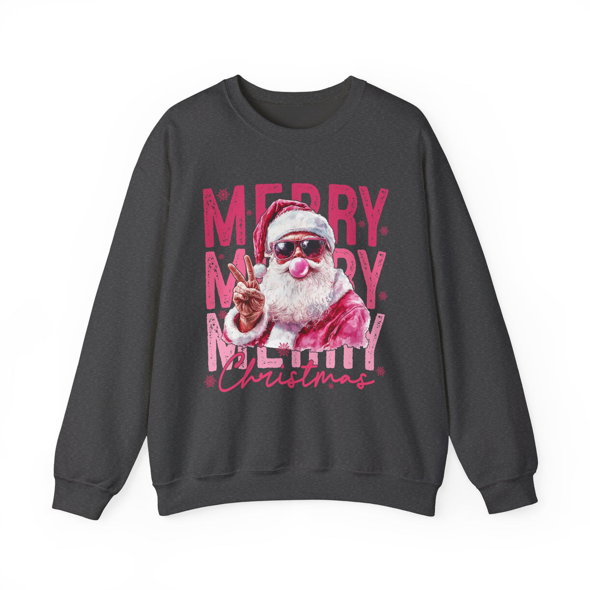Pink Merry Christmas Bubblegum Santa – Gildan Heavy Blend | Trendy Women’s Soft Sweatshirt. Direct to Garment. Printed & Shipped in the USA. Unisex Sizes.