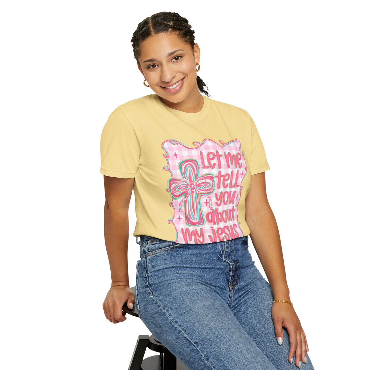 Let Me Tell You About My Jesus, Pink and Green - Comfort Colors | Trendy Women's T-Shirt. Direct to Garment. Printed & Shipped in the USA. Unisex Sizes.
