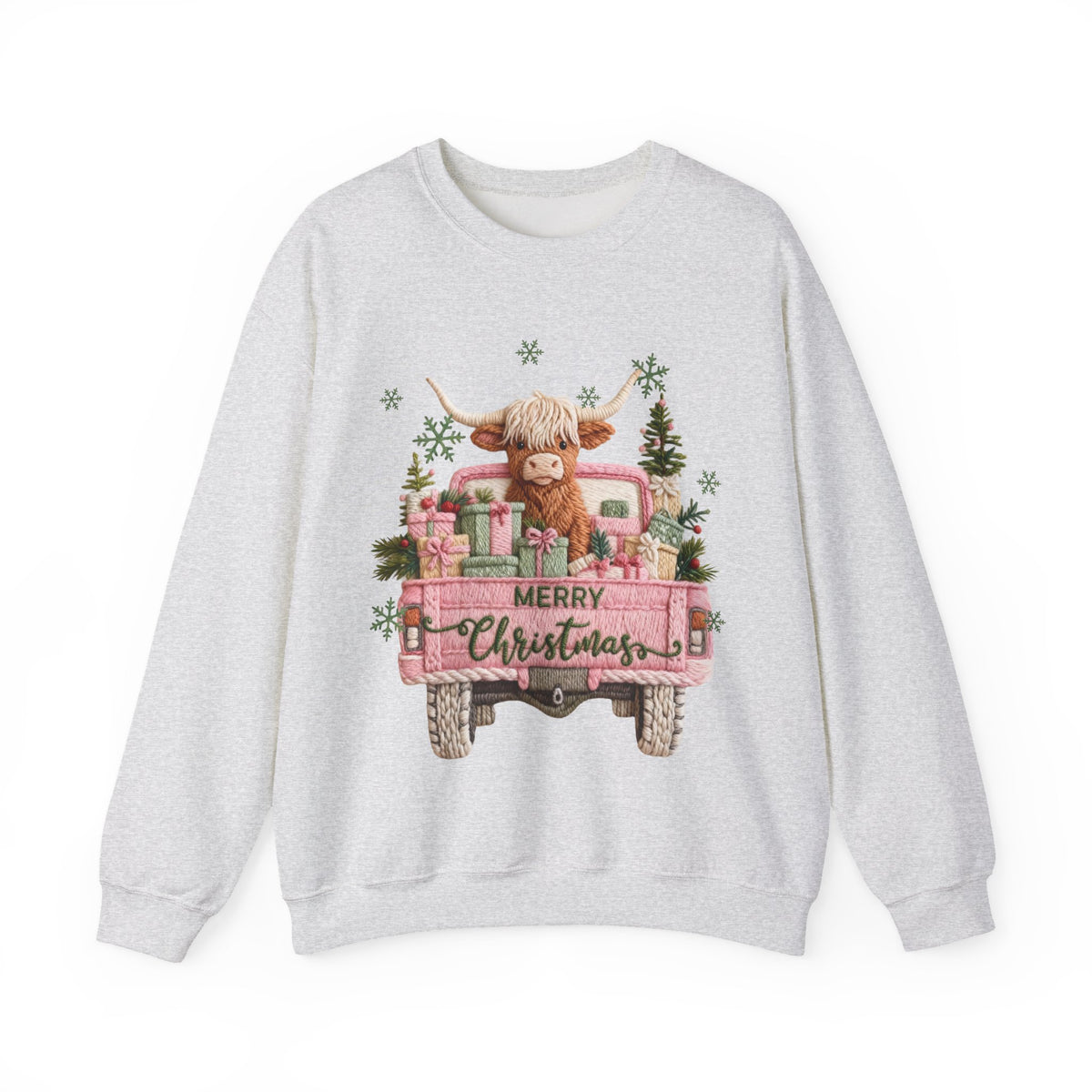 Highland Cow in Pink Truck Merry Christmas Holiday Farmhouse – Gildan Heavy Blend | Trendy Women’s Soft Sweatshirt. Direct to Garment. Printed & Shipped in the USA. Unisex Sizes.