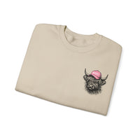 Head Heffa Highland Cow, Front & Back Print – Gildan Heavy Blend | Trendy Women’s Soft Sweatshirt. Direct to Garment. Printed & Shipped in the USA. Unisex Sizes.