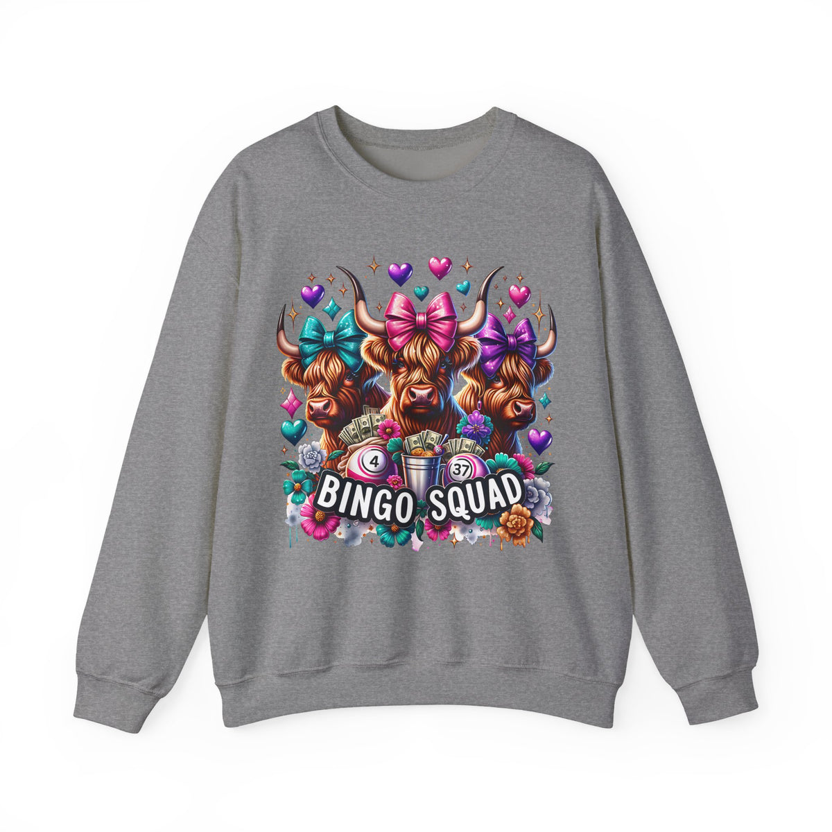 Cute Highland Cows Bingo Squad – Gildan Heavy Blend | Trendy Women’s Soft Sweatshirt. Direct to Garment. Printed & Shipped in the USA. Unisex Sizes.