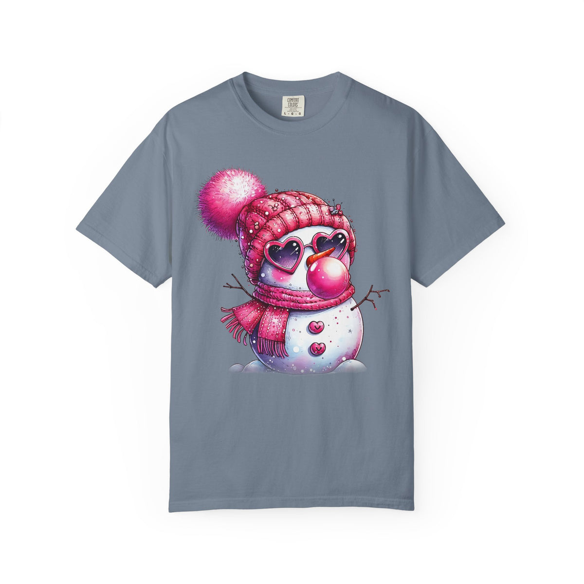 Pink Girly Snowman with Heart Sunglasses and Bubblegum Winter - Comfort Colors | Trendy Women's T-Shirt. Direct to Garment. Printed & Shipped in the USA. Unisex Sizes.