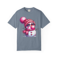 Pink Girly Snowman with Heart Sunglasses and Bubblegum Winter - Comfort Colors | Trendy Women's T-Shirt. Direct to Garment. Printed & Shipped in the USA. Unisex Sizes.