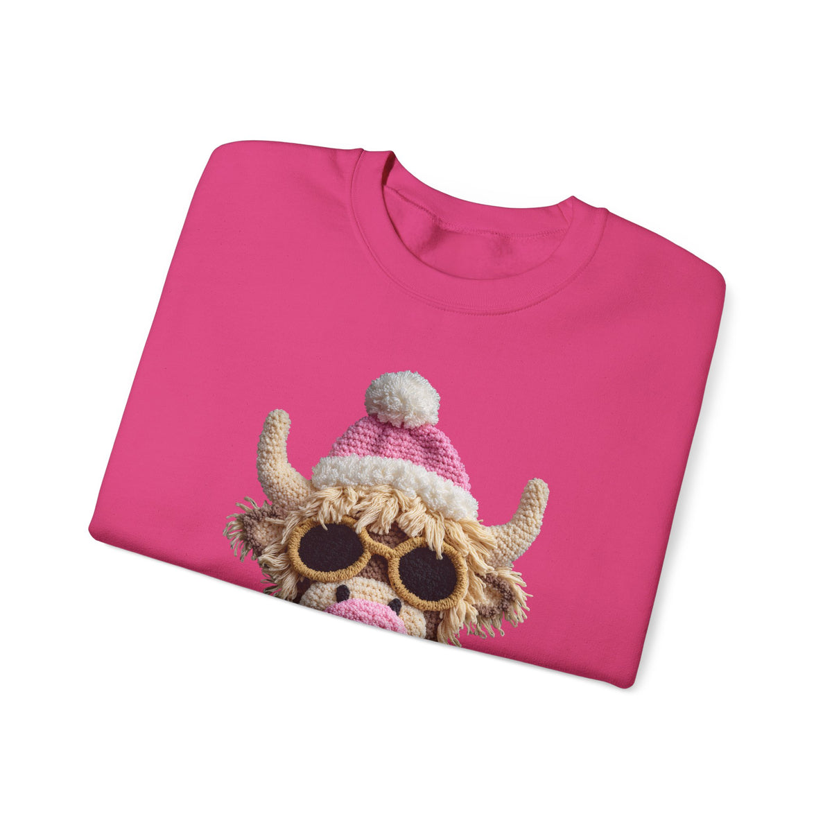 Faux Crochet Highland Cow Bubblegum – Gildan Heavy Blend | Trendy Women’s Soft Sweatshirt. Direct to Garment. Printed & Shipped in the USA. Unisex Sizes.