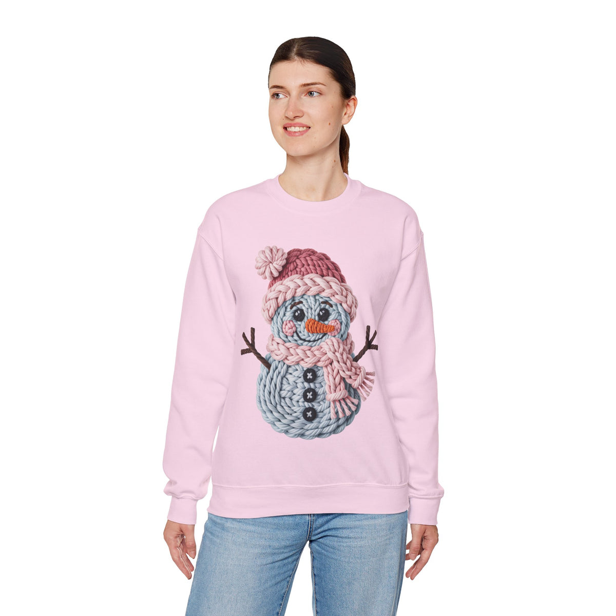 Cute Yarn Snowman - Pink Scarf Faux Yarn – Gildan Heavy Blend | Trendy Women’s Soft Sweatshirt. Direct to Garment. Printed & Shipped in the USA. Unisex Sizes.