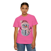 Cute Yarn Snowman - Pink Scarf - Comfort Colors | Trendy Women's T-Shirt. Direct to Garment. Printed & Shipped in the USA. Unisex Sizes.