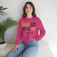When God Made Me "This'll Be Fun" Christian Faith Distressed – Gildan Heavy Blend | Trendy Women’s and Men's Soft Sweatshirt. Direct to Garment. Printed & Shipped in the USA. Unisex Sizes.