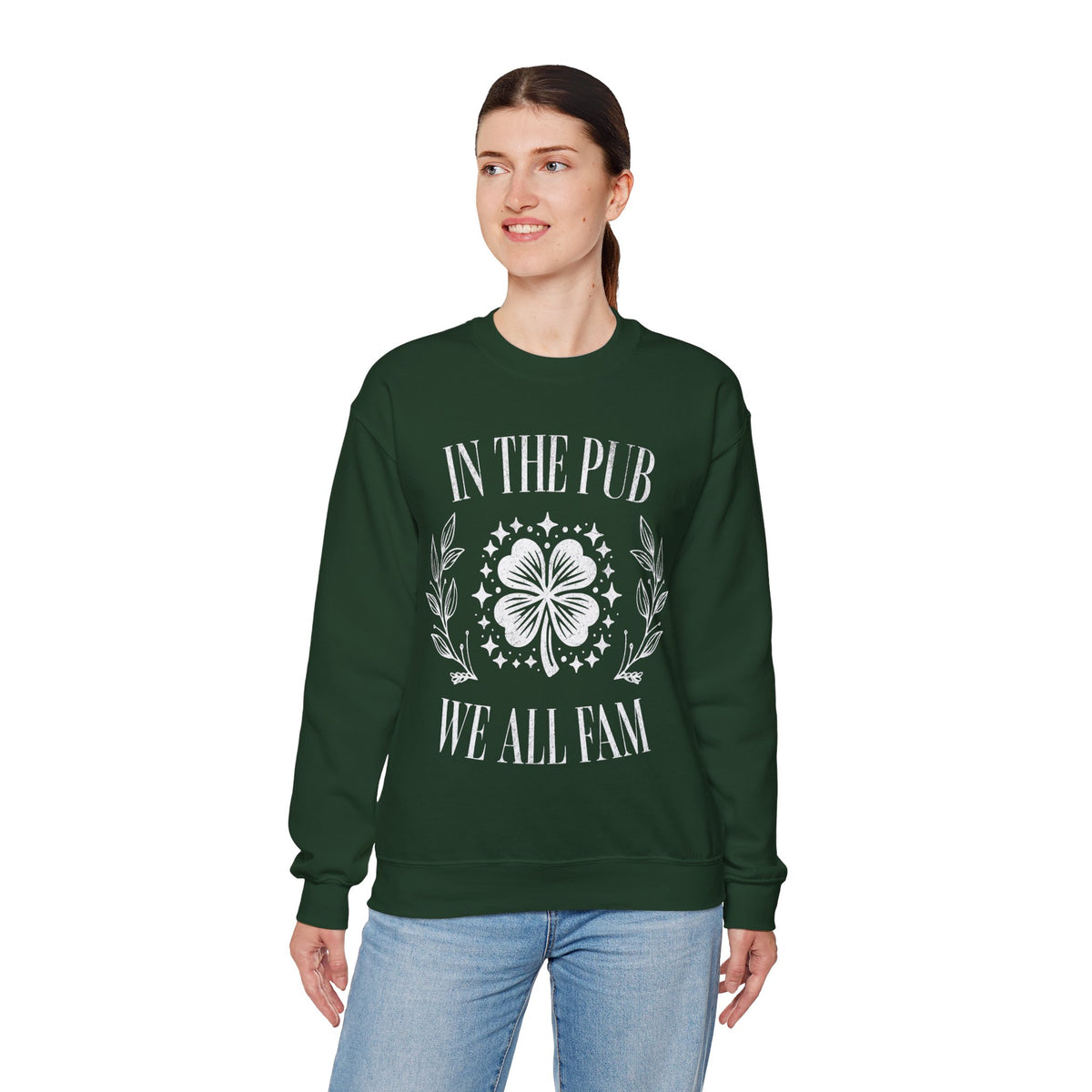 In the Pub We All Fam, Vintage – Gildan Heavy Blend | Trendy Women’s and Men's Soft Sweatshirt. Direct to Garment. Printed & Shipped in the USA. Unisex Sizes.