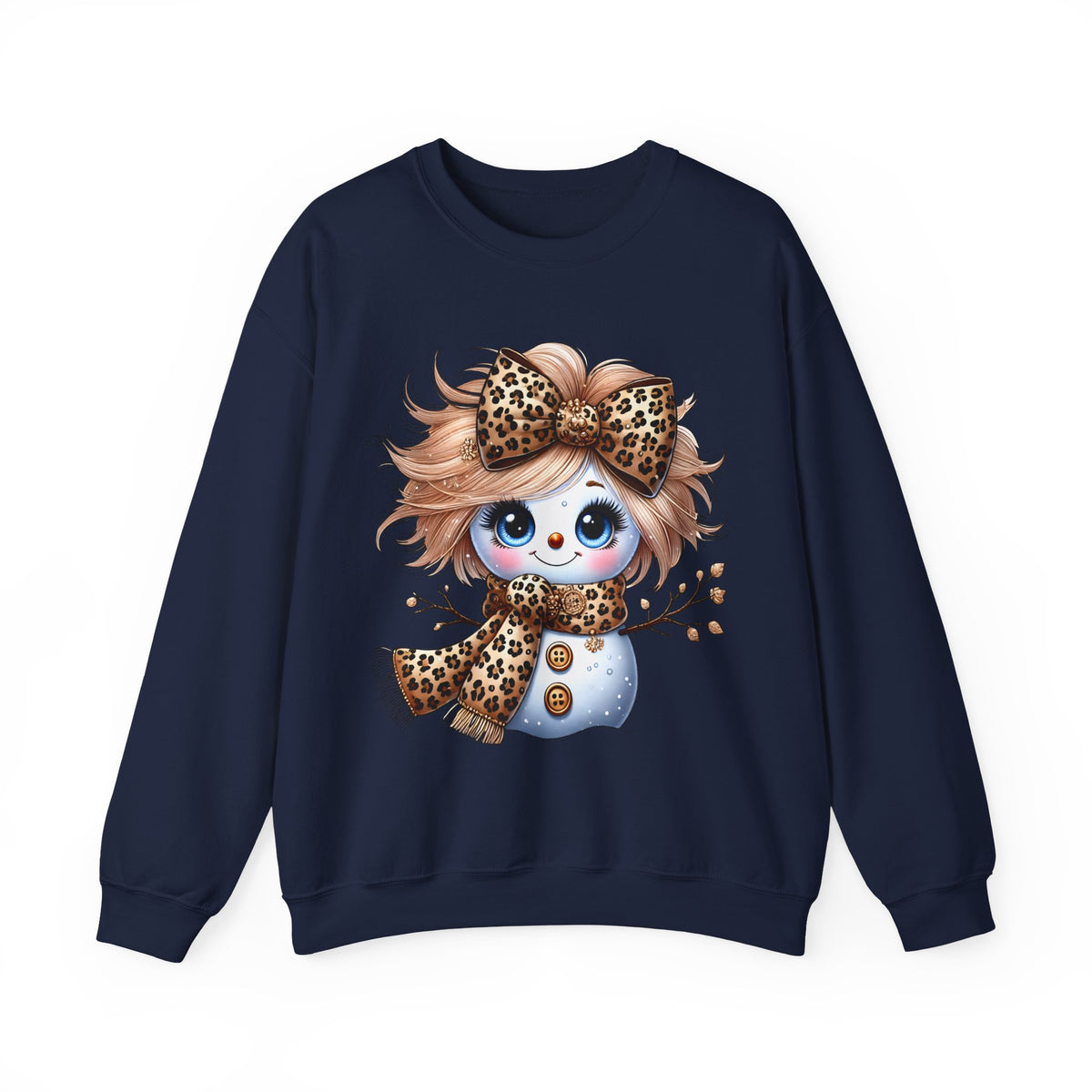Snowgirl Cute Leopard Bow Snowman, Winter Cozy – Gildan Heavy Blend | Trendy Women’s Soft Sweatshirt. Direct to Garment. Printed & Shipped in the USA. Unisex Sizes.
