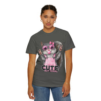 Cute But Feral, Squirrel in Pink Bibs - Comfort Colors | Trendy Women's T-Shirt. Direct to Garment. Printed & Shipped in the USA. Unisex Sizes.