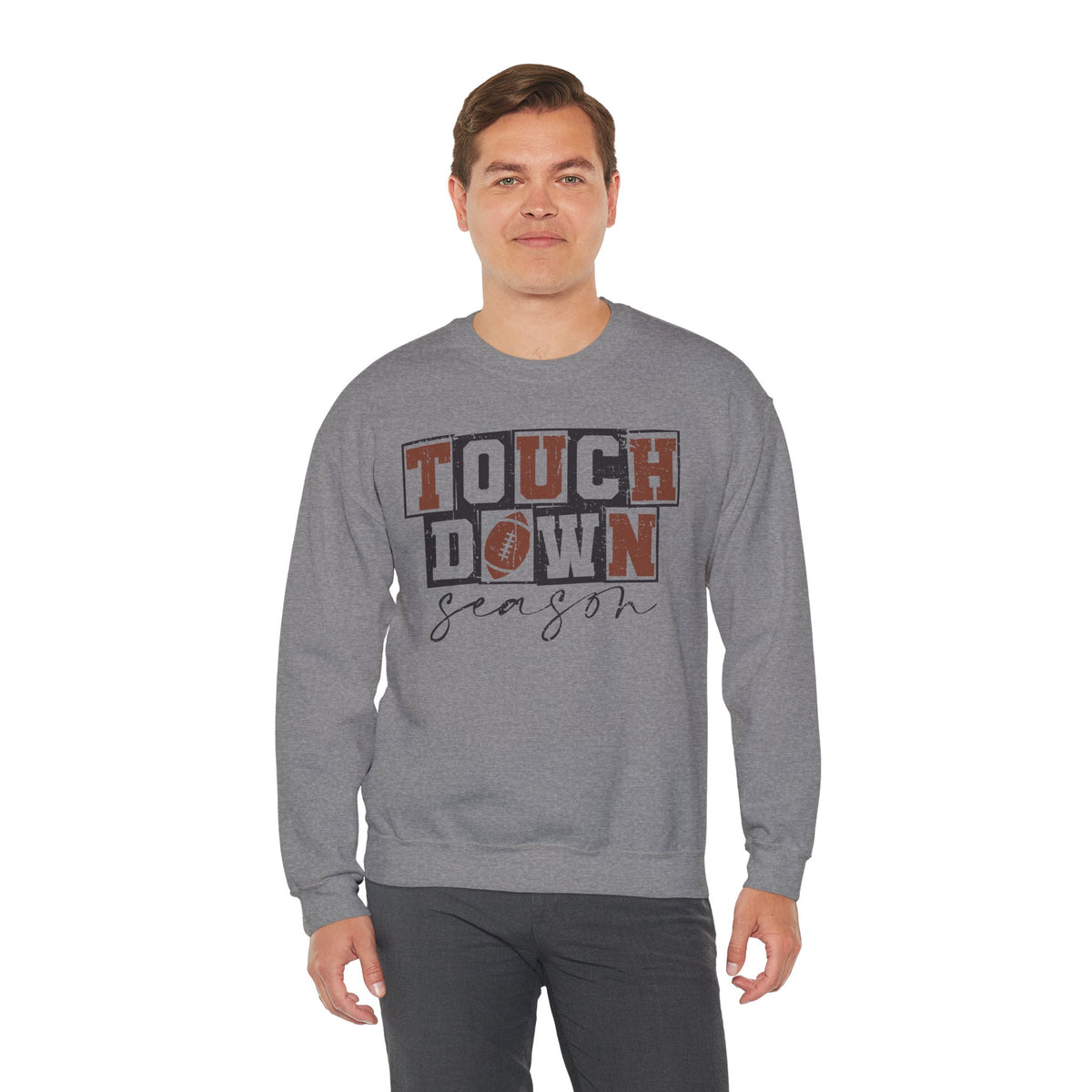 Touchdown Season - Distressed – Gildan Heavy Blend | Trendy Men's and Women’s Soft Sweatshirt. Direct to Garment. Printed & Shipped in the USA. Unisex Sizes.