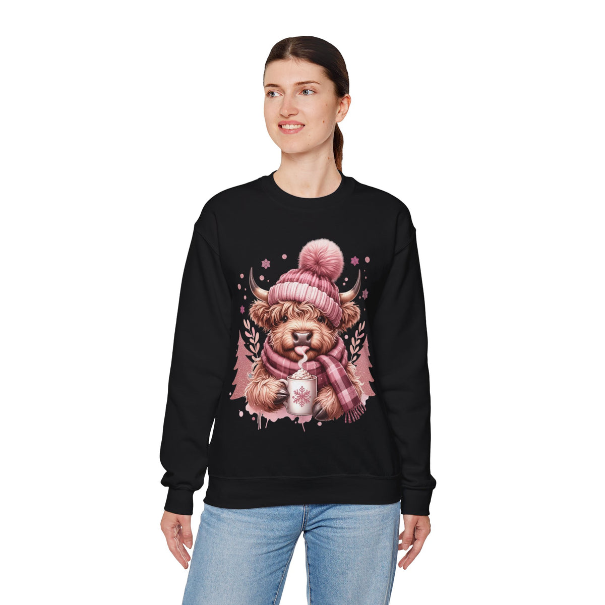 Cozy Highland Cow, Winter Coffee Mug & Scarf Pink – Gildan Heavy Blend | Trendy Women’s Soft Sweatshirt. Direct to Garment. Printed & Shipped in the USA. Unisex Sizes.