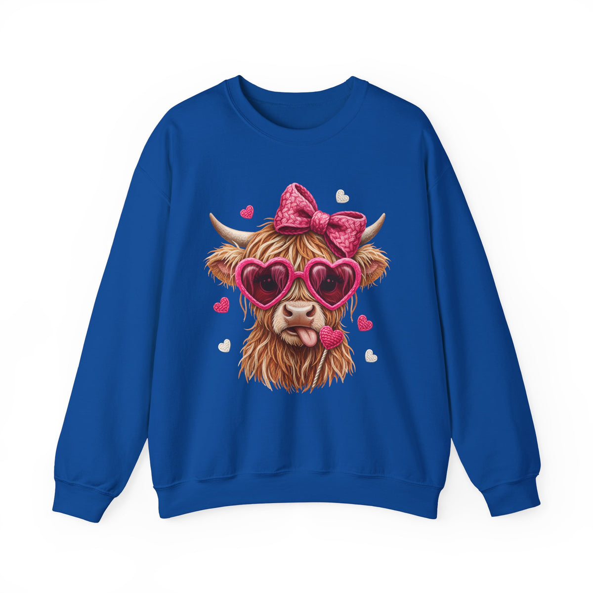 Highland Cow - Pink Heart Shaped Glasses – Gildan Heavy Blend | Trendy Women’s Soft Sweatshirt. Direct to Garment. Printed & Shipped in the USA. Unisex Sizes.