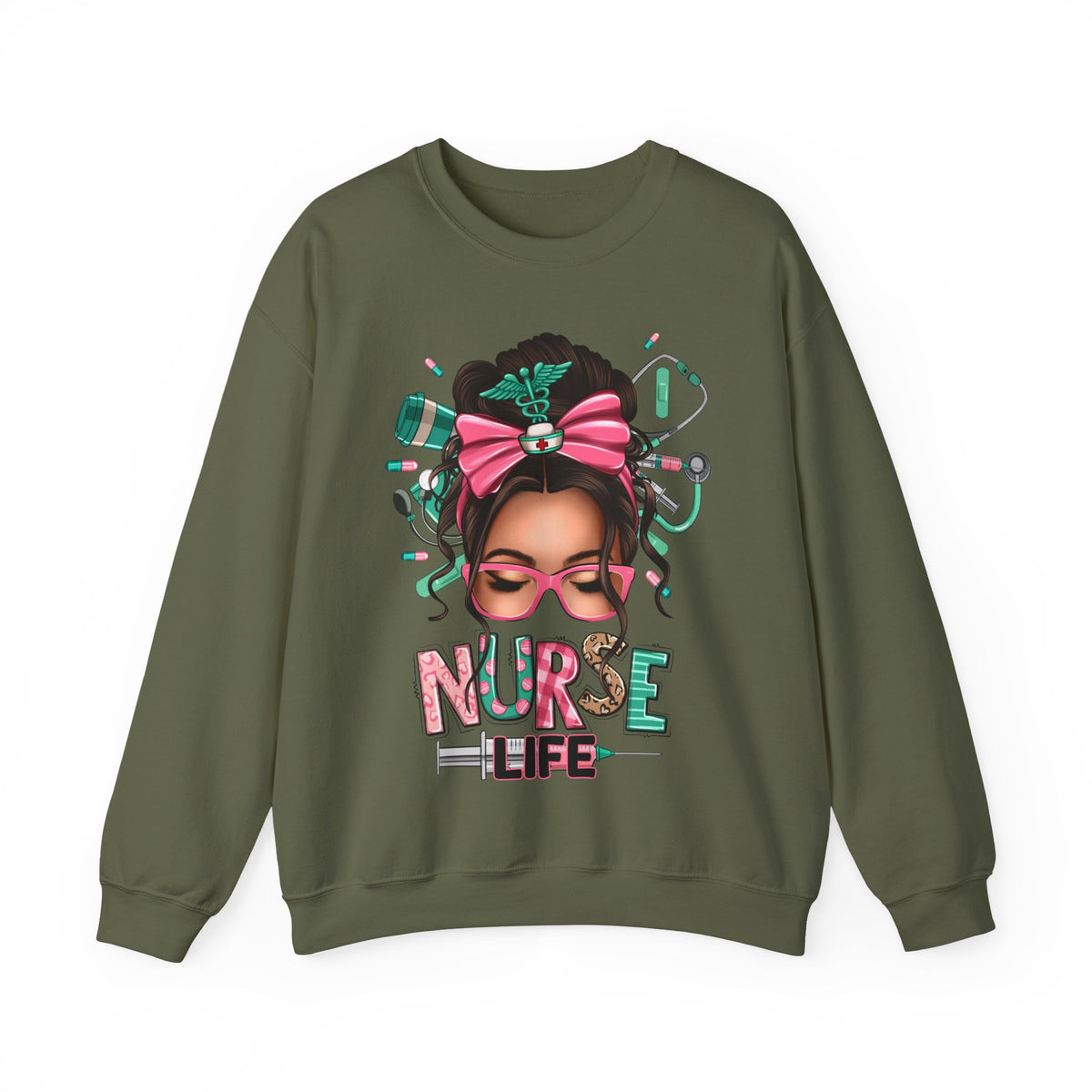 Nurse Life Messy Bun, Cute Stethoscope & Syringe – Gildan Heavy Blend | Trendy Women’s Soft Sweatshirt. Direct to Garment. Printed & Shipped in the USA. Unisex Sizes.