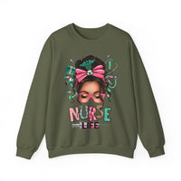 Nurse Life Messy Bun, Cute Stethoscope & Syringe – Gildan Heavy Blend | Trendy Women’s Soft Sweatshirt. Direct to Garment. Printed & Shipped in the USA. Unisex Sizes.