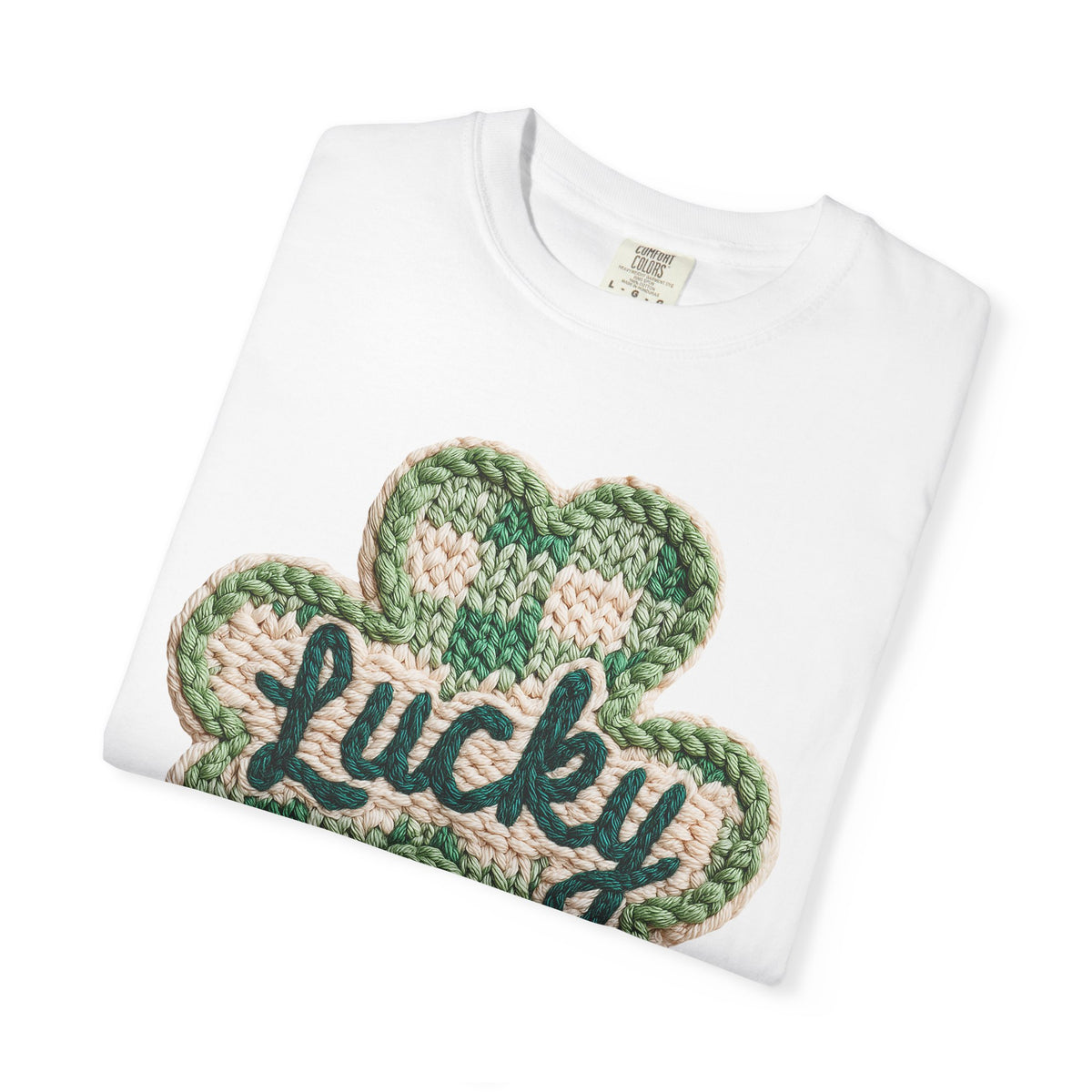 Lucky Shamrock Faux Knit - Comfort Colors | Trendy Men's and Women's T-Shirt. Direct to Garment. Printed & Shipped in the USA. Unisex Sizes.